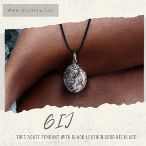 تعليقة من حجر العقيق الشجري مع سنسال جلد Tree Agate