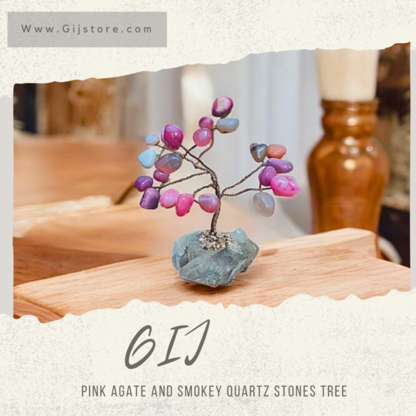 شجرة من احجار العقيق الزهري والكوارتز الدخاني  Pink Agate and Smokey Quartz