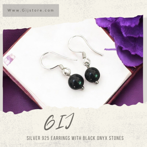 حلق فضة مع احجار العقيق الاسود Black Onyx