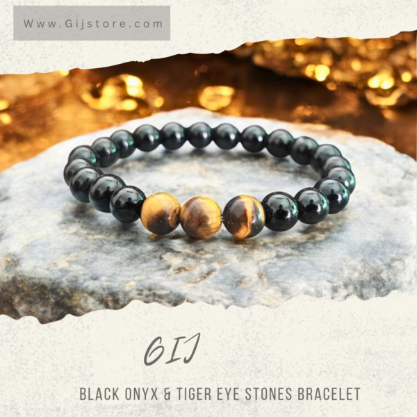 اسوارة من احجار عين النمر والعقيق الاسود Tiger Eye & Black Onyx