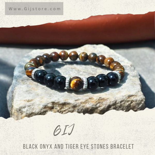 اسوارة من احجار عين النمر والعقيق الاسود Tiger Eye & Black Onyx