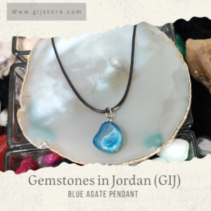 ⁦تعليقة من حجر العقيق الازرق مع سنسال جلد Blue Agate ⁩