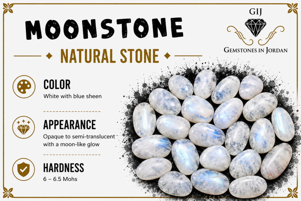 حجر القمر Moonstone الطبيعي الأبيض مع اللمعان الأزرق في الأردن
