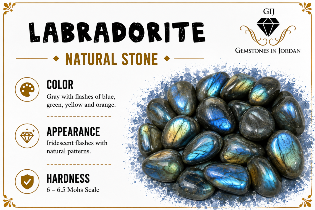 حجر اللابرادوريت Labradorite الطبيعي بلمعان أزرق وأخضر وذهبي في الأردن