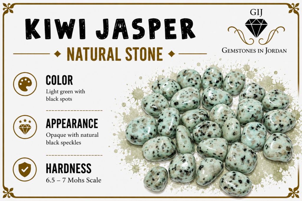 حجر كيوي جاسبر Kiwi Jasper الطبيعي باللون الأخضر مع البقع السوداء الاردن GIJ