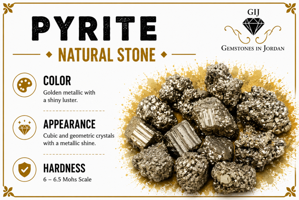 حجر البيريت Pyrite الطبيعي بلونه الذهبي وبريقه المعدني