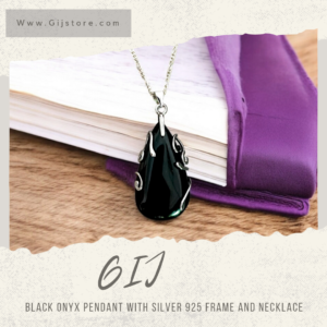 حجر الاونكس الاسود مع اطار فضة وسنسال فضة ٩٢٥ Black Onyx