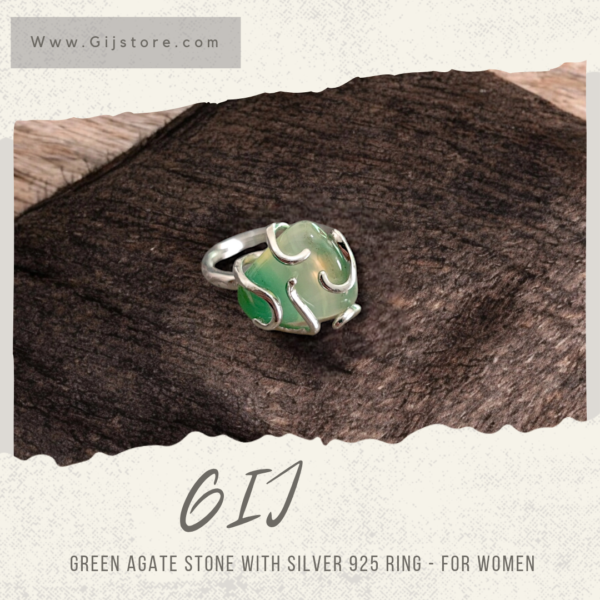 خاتم فضة ستاتي مع حجر العقيق الاخضر Green Agate
