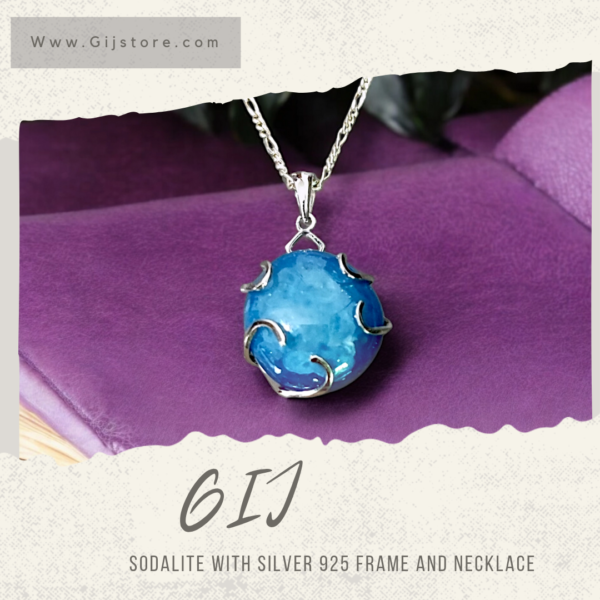 حجر العقيق الازرق مع اطار وسنسال فضة ٩٢٥ Blue Agate
