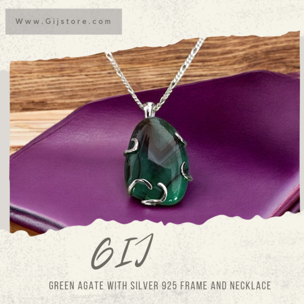 حجر العقيق الأخضر مع اطار وسنسال فضة ٩٢٥ Green Agate