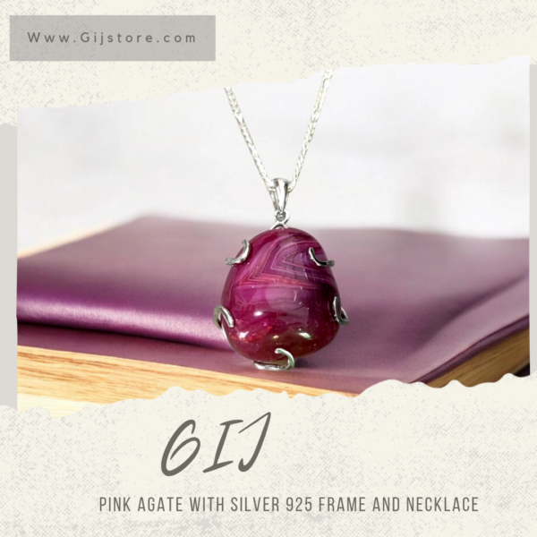 حجر العقيق الزهري مع اطار وسنسال فضة ٩٢٥ Pink Agate