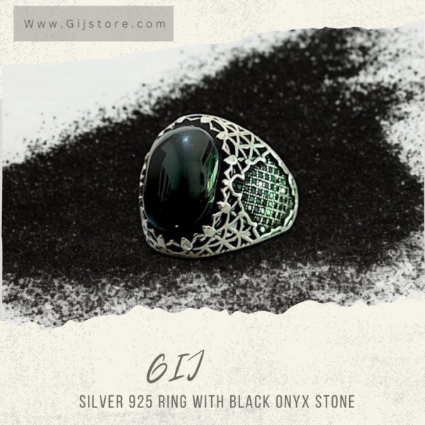 خاتم فضة 925 متوج بحجر الاونكس الاسود Black Onyx