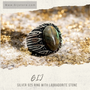 خاتم فضة 925 متوج بحجر الطاووس ليبرادورايت Labradorite