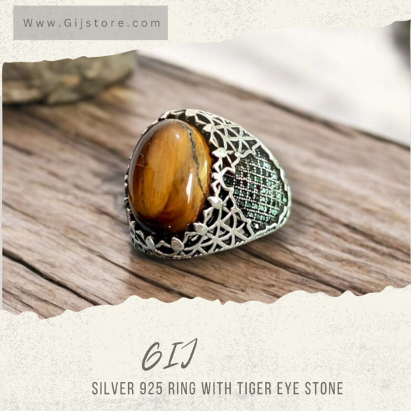 خاتم فضة 925 متوج بحجر عين النمر Tiger eye