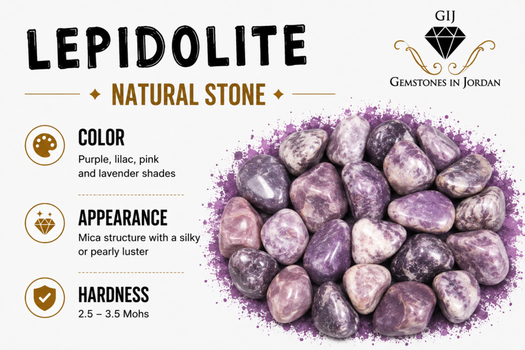 حجر الليبيدوليت Lepidolite الطبيعي باللون البنفسجي والليلكي والوردي في الأردن – الأحجار الكريمة في الأردن GIJ