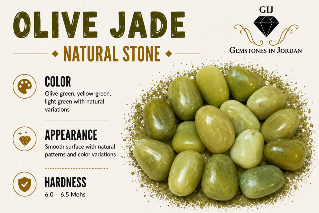 حجر اليشم الزيتوني Olive Jade الطبيعي بألوانه الخضراء في الأردن – الأحجار الكريمة في الأردن GIJ