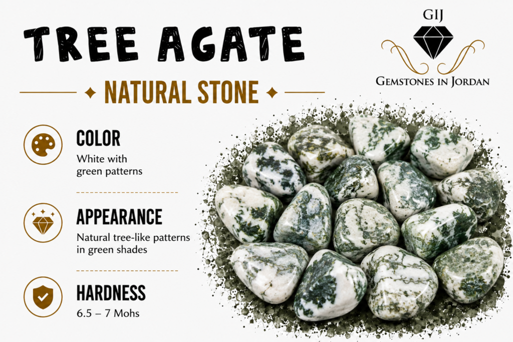 حجر العقيق الشجري Tree Agate الطبيعي باللون الأبيض مع تفرعات خضراء في الأردن