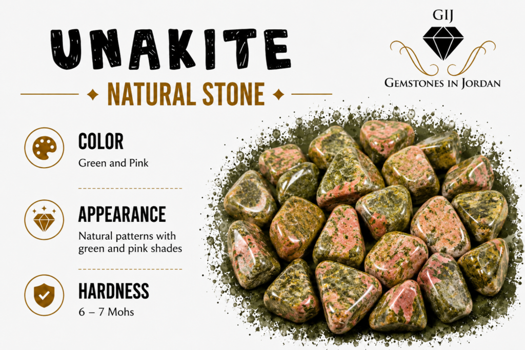 حجر اليوناكيت Unakite الطبيعي باللونين الأخضر والوردي في الأردن